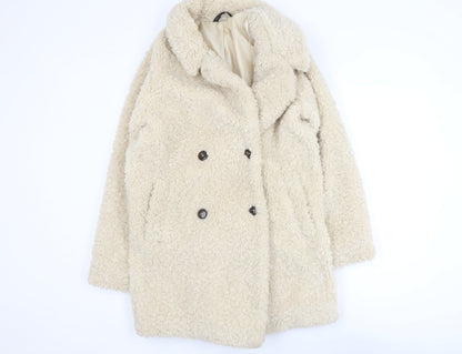 F&F Women’s Beige Faux Shearling Teddy Coat XS Double Breasted Winter Jacket