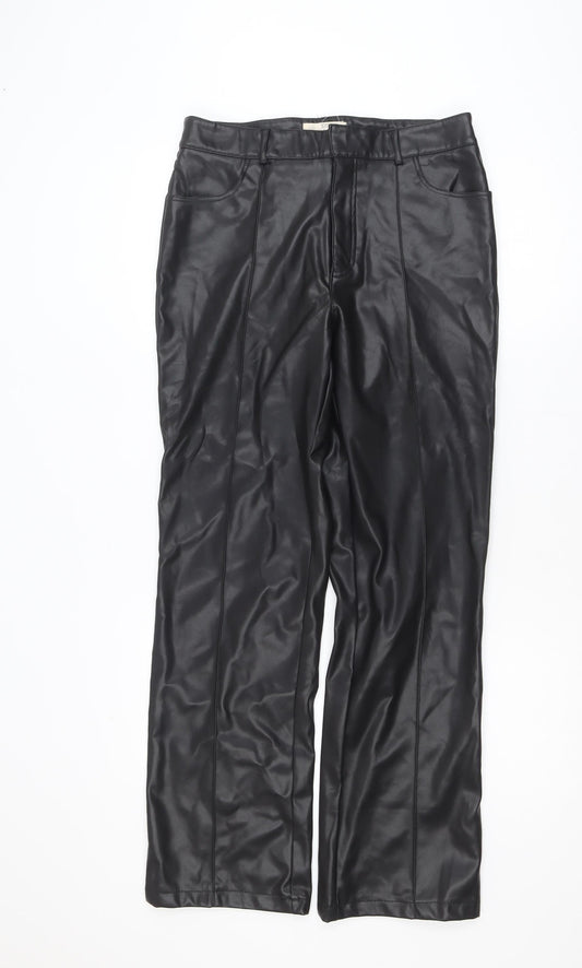 Stradivarius Womens Black Faux Leather Straight Trousers Size 12