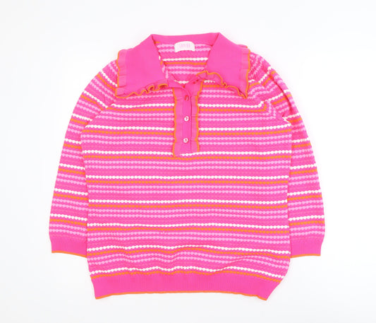 Savida Women Pink Striped Collared Henley Jumper Size 14