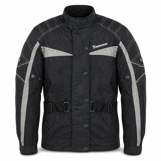 Front view of Polo Touring unisex black s motorcycle jacket waterproof belted