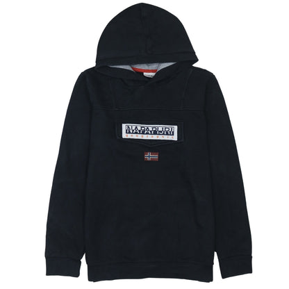 Napapijri Boys Black Hooded Pullover Hoodie Size 16 (170cm) Cotton Blend