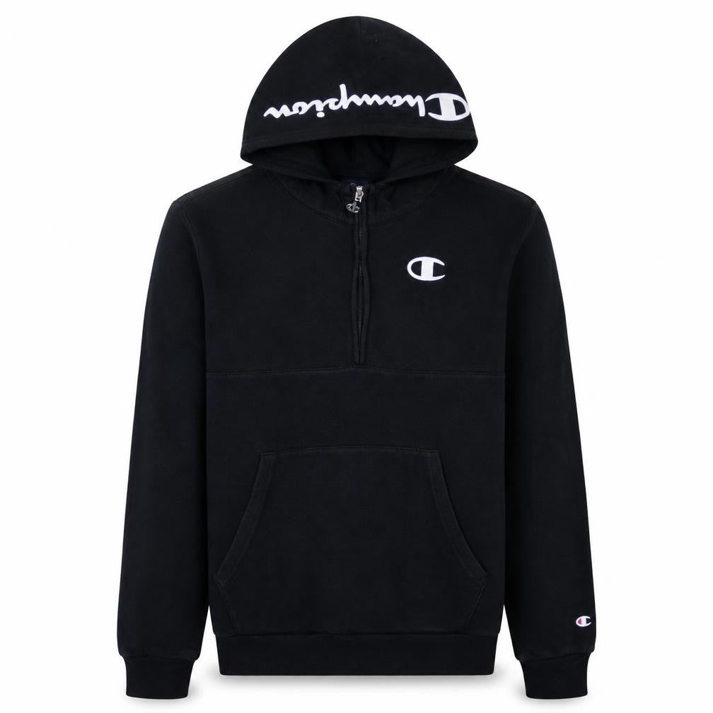 Front view of Champion Teens Black 2XL Pullover 1/4 Zip Hoodie Fleece Sweatshirt