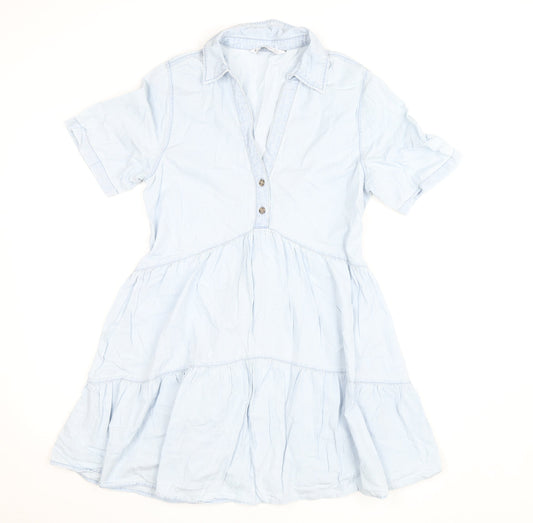 Stradivarius Womens Blue Cotton Shirt Dress Size 8 Short Sleeve Casual