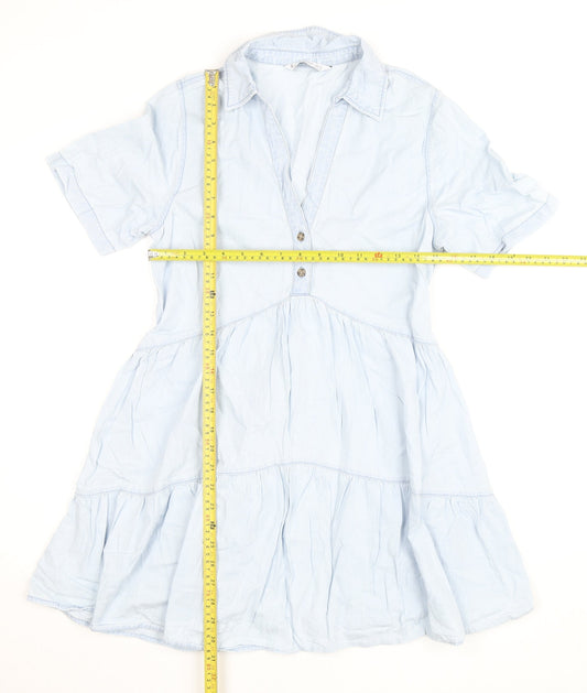 Stradivarius Womens Blue Cotton Shirt Dress Size 8 Short Sleeve Casual