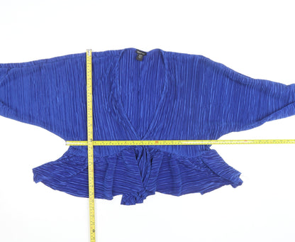 Boohoo Womens Blue Pleated Wrap Blouse Size 12 Long Sleeve