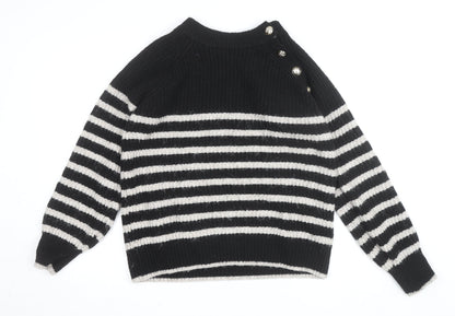 Dunnes Women Black Striped Button Shoulder Chunky Knit Jumper Size L