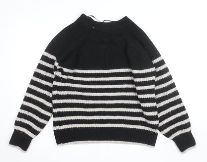Dunnes Women Black Striped Button Shoulder Chunky Knit Jumper Size L
