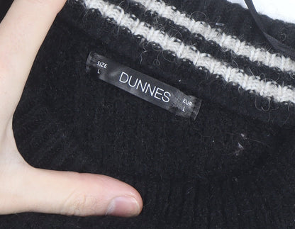 Dunnes Women Black Striped Button Shoulder Chunky Knit Jumper Size L