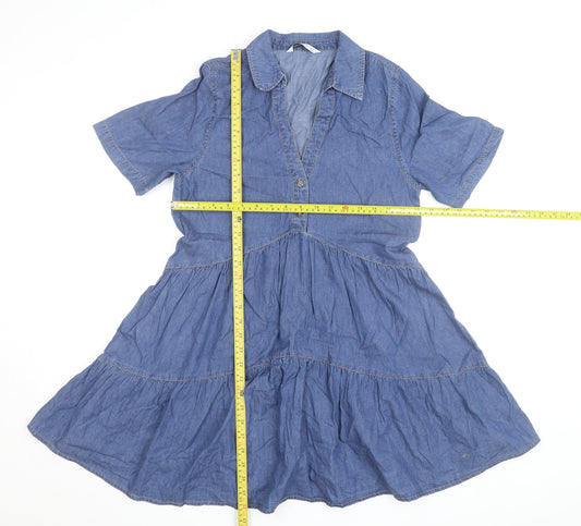 Stradivarius Women Blue Short Sleeve Denim Shirt Dress Size 8