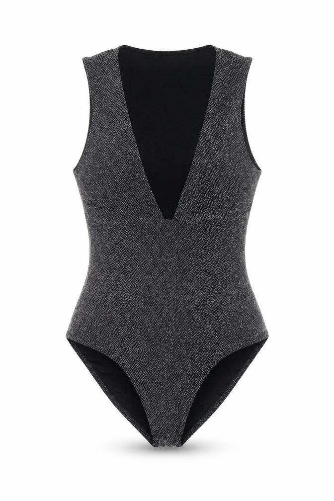 Topshop Women Black Metallic V-Neck Sleeveless Bodysuit Size 14
