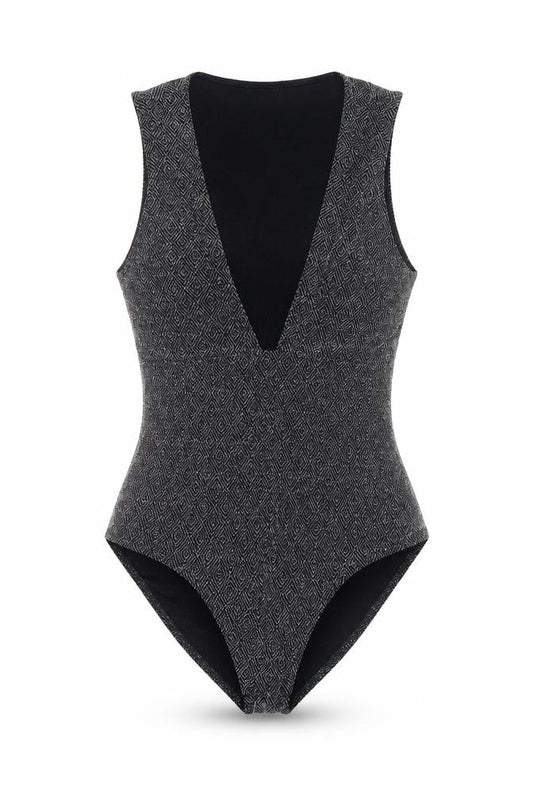 Topshop Women Black Metallic V-Neck Sleeveless Bodysuit Size 14