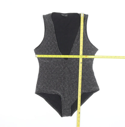 Topshop Women Black Metallic V-Neck Sleeveless Bodysuit Size 14