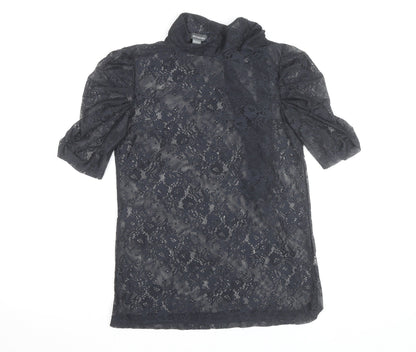 Bershka Women's Black Lace High Neck Short Sleeve Blouse M