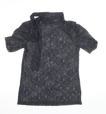 Bershka Women's Black Lace High Neck Short Sleeve Blouse M
