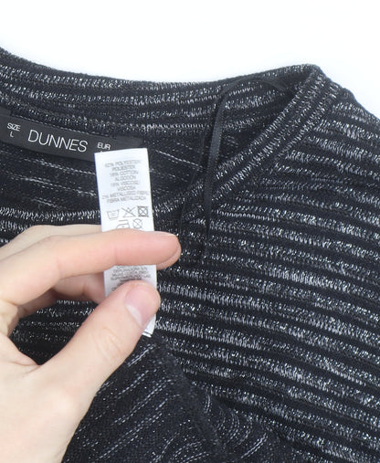 Dunnes Women Black Striped Glitter 3/4 Sleeve Knit Top L
