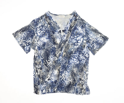 Bassini Women's Blue Geometric Wrap Blouse L Short Sleeve