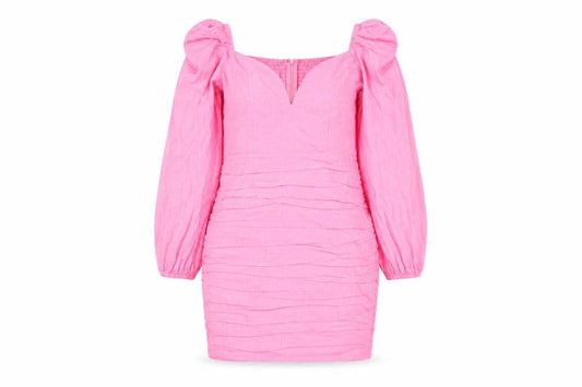 Front view of In The Style Women’s Pink Bodycon Puff Sleeve Sweetheart Dress, size UK 8