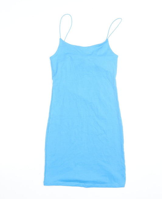 Zara Women Blue Slip Dress L Cotton Elastane Stretch Casual