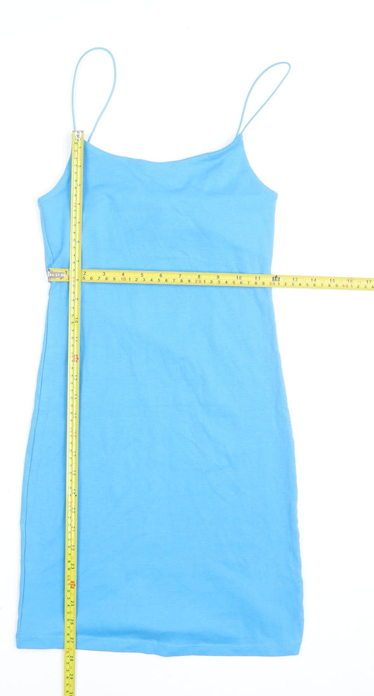 Zara Women Blue Slip Dress L Cotton Elastane Stretch Casual