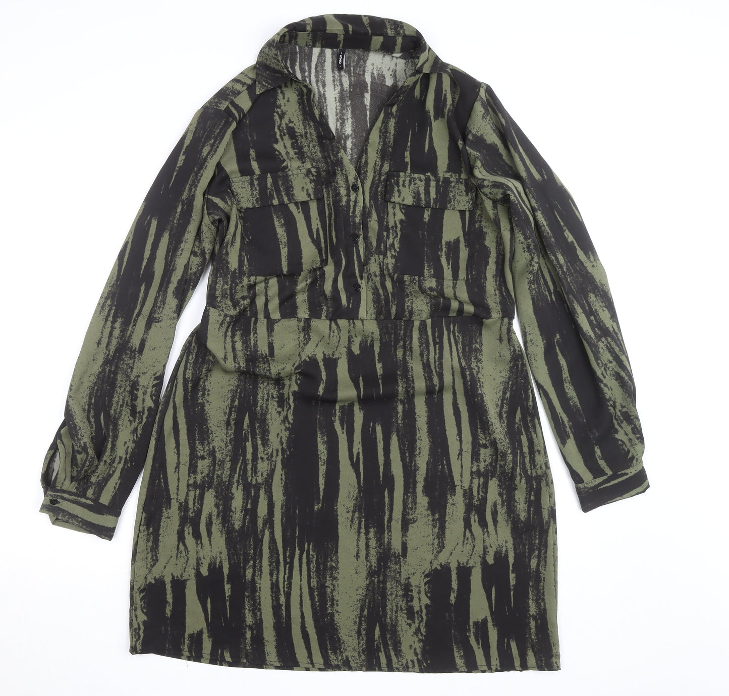 ONLY Women's Green Camouflage Long Sleeve Collared Shirt Dress L