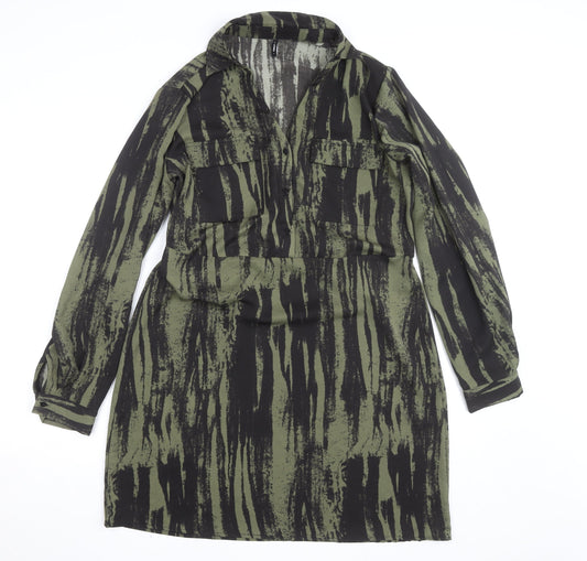 ONLY Women's Green Camouflage Long Sleeve Collared Shirt Dress L