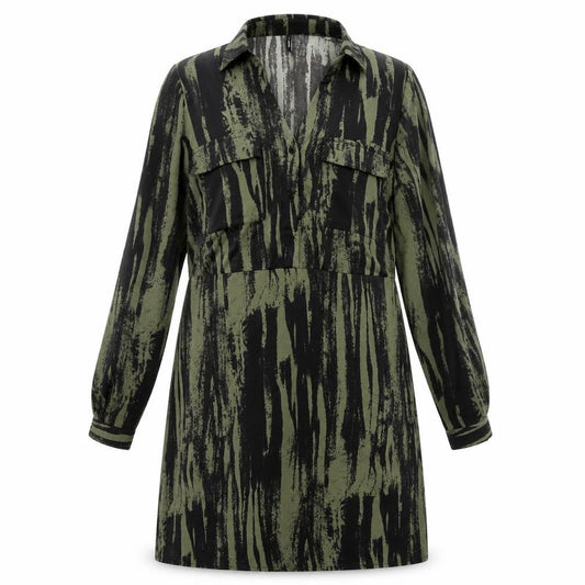Front view of Only Women's Green Camouflage Long Sleeve Collared Shirt Dress L