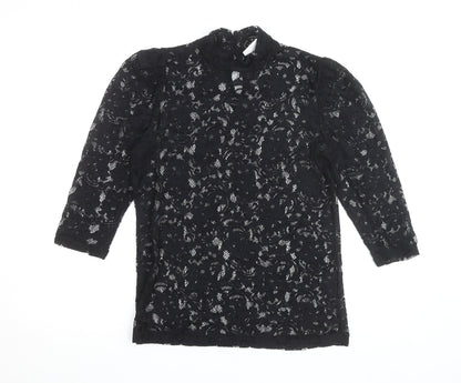 Vila Clothes Women's Black Lace High Neck 3/4 Sleeve Blouse Size 10
