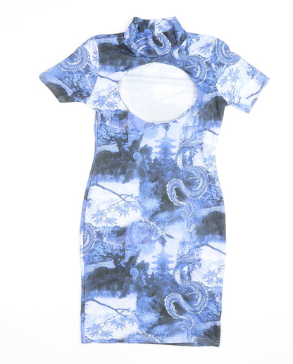 PrettyLittleThing Women's Blue Dragon Print Bodycon Dress Size 8