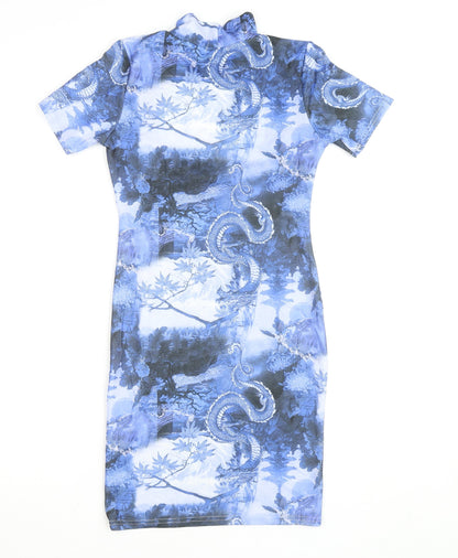PrettyLittleThing Women's Blue Dragon Print Bodycon Dress Size 8
