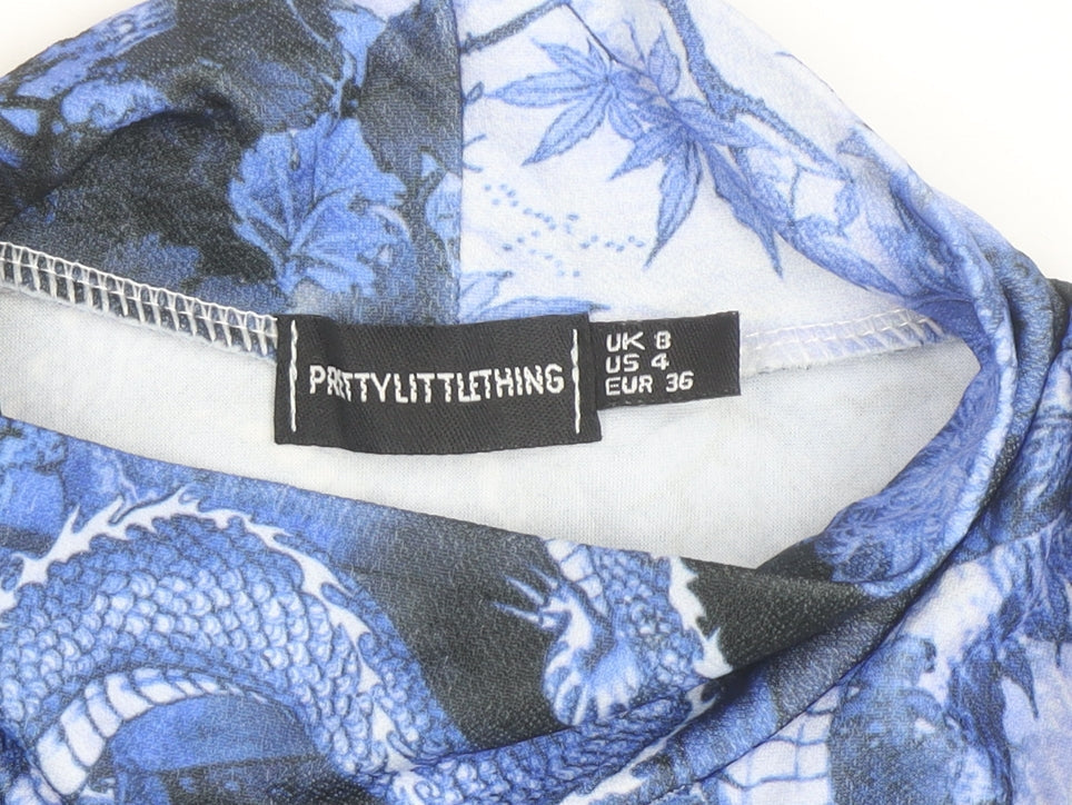 PrettyLittleThing Women's Blue Dragon Print Bodycon Dress Size 8