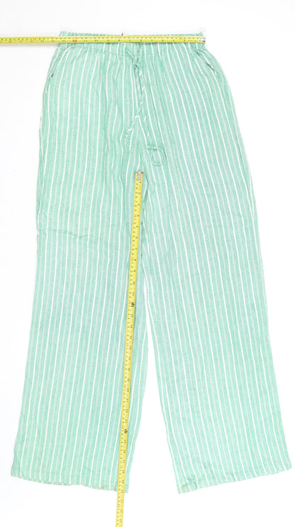 Stradivarius Women Green Striped Wide-Leg Cotton Linen Trousers Size 8