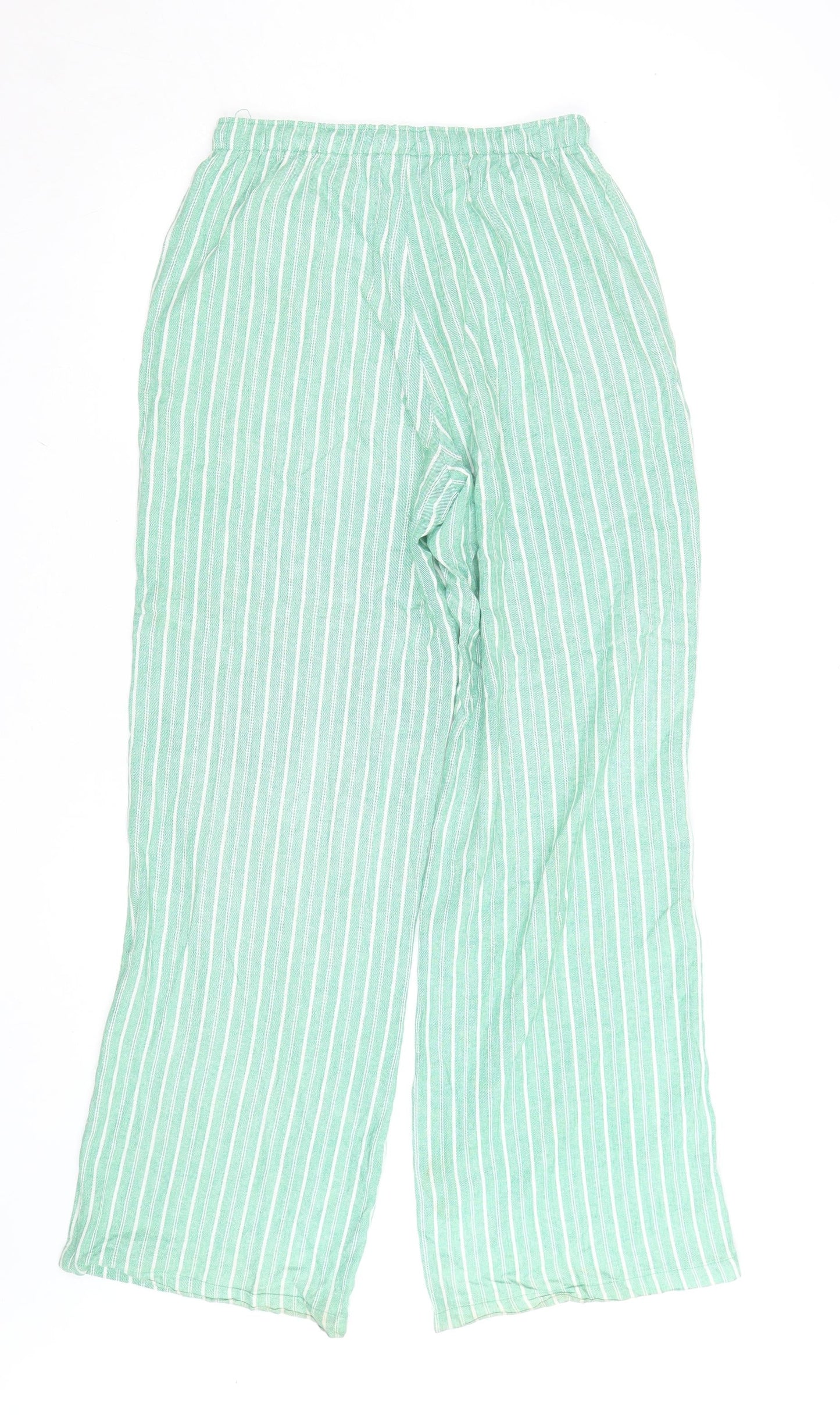 Stradivarius Women Green Striped Wide-Leg Cotton Linen Trousers Size 8