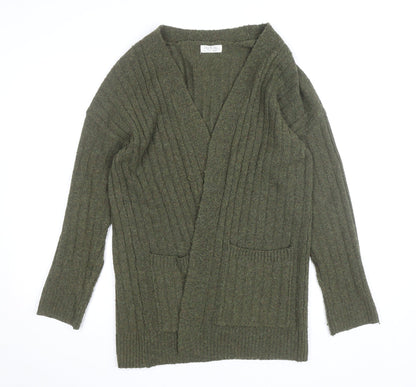 Jolie & Joy Women Olive Green Ribbed Open Cardigan Medium Polyester Blend