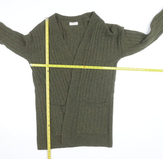 Jolie & Joy Women Olive Green Ribbed Open Cardigan Medium Polyester Blend