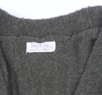 Jolie & Joy Women Olive Green Ribbed Open Cardigan Medium Polyester Blend