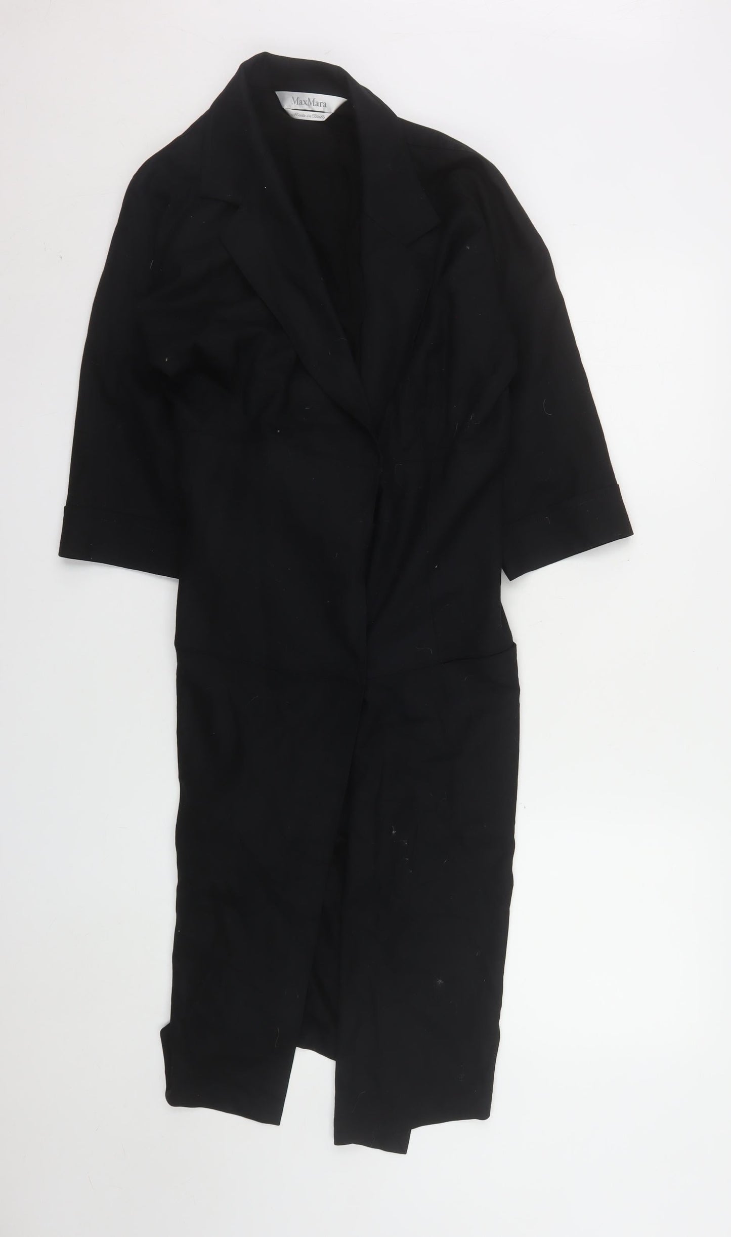 MaxMara Womens Black Wool Long Overcoat Size 12 Classic 3/4 Sleeve