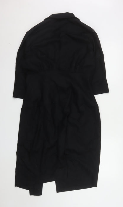 MaxMara Womens Black Wool Long Overcoat Size 12 Classic 3/4 Sleeve