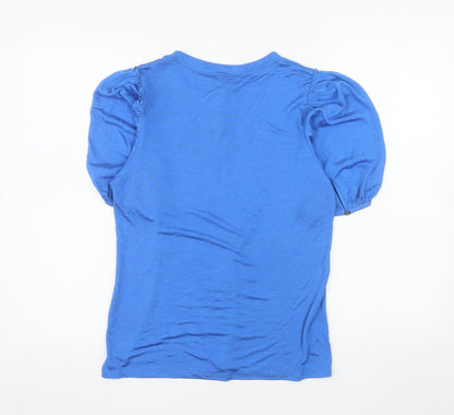 Marble Womens Blue V-Neck Puff Sleeve Jersey T-Shirt XS