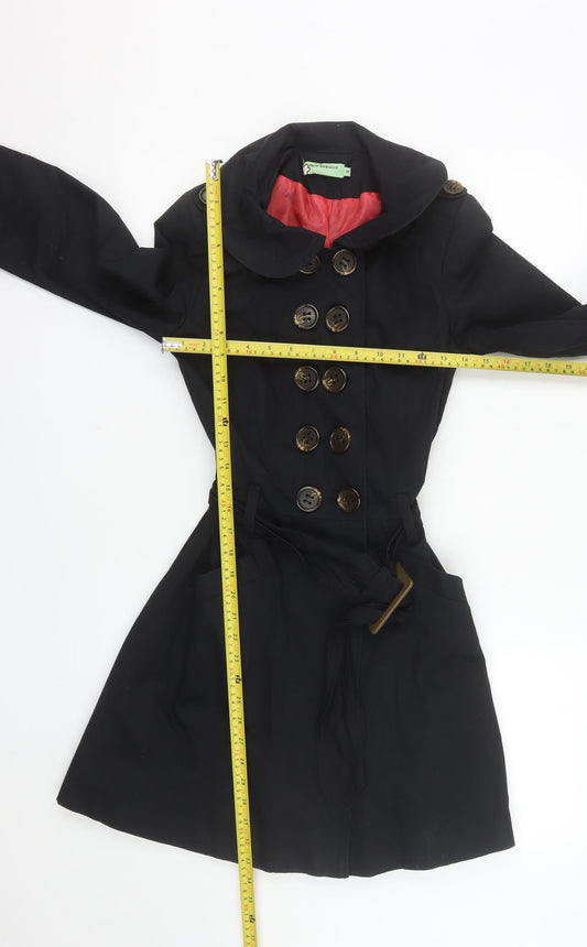 Mis-behave Women’s Black Trench Coat Size 8 Cotton Belted Mid-Length
