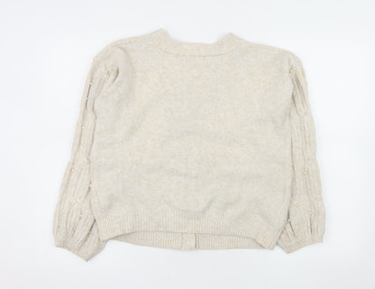 Gallery Women Beige Knit Cable Beaded Cardigan Small V-Neck