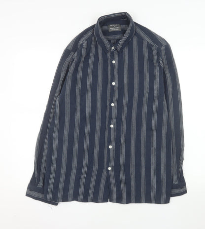 Primark Men's Blue Striped Regular Fit Long Sleeve Button-Up Shirt M