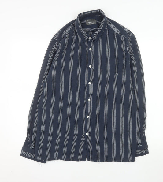 Primark Men's Blue Striped Regular Fit Long Sleeve Button-Up Shirt M