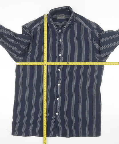 Primark Men's Blue Striped Regular Fit Long Sleeve Button-Up Shirt M