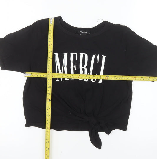 New Look Women's Black Merci Cropped Tie Front Cotton T-Shirt Size S