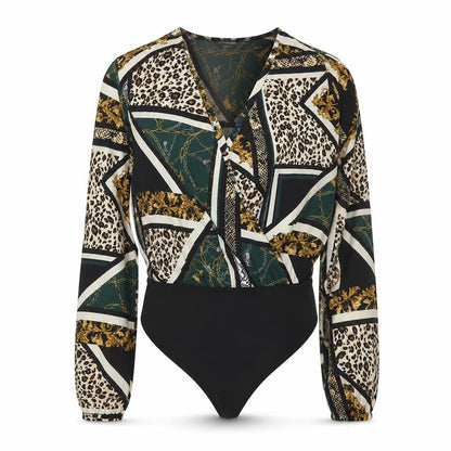 Primark Women’s Black Multi Print Bodysuit Size 12 Polyester Blend Long Sleeve