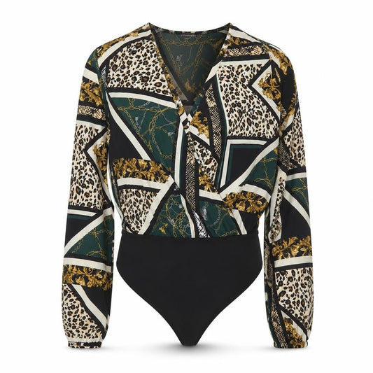 Primark Women’s Black Multi Print Bodysuit Size 12 Polyester Blend Long Sleeve