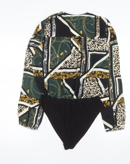 Primark Women’s Black Multi Print Bodysuit Size 12 Polyester Blend Long Sleeve