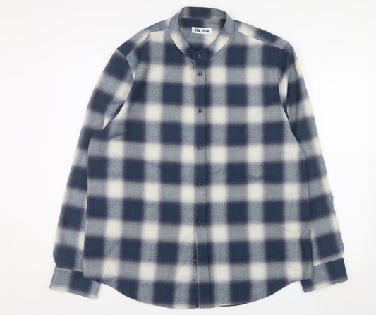 Paul Galvin Men's Blue Check Band Collar Button-Up Shirt XL
