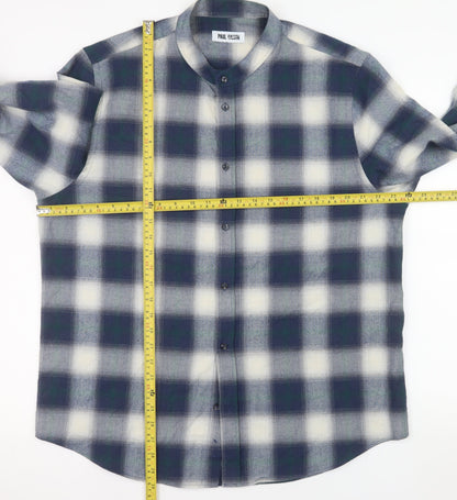 Paul Galvin Men's Blue Check Band Collar Button-Up Shirt XL