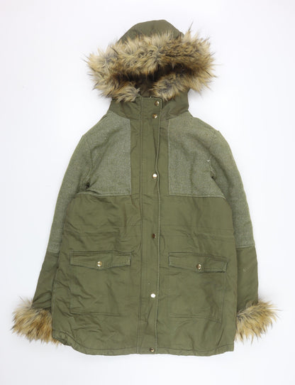 Influence Womens Green Faux Fur Hooded Parka Coat Size 14